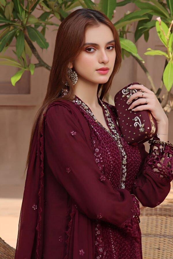 Crimson Heavy Chikankari Embroidered 3-Piece Suit