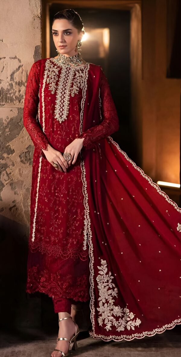 Azure Royal Crimson Embroidered Chiffon 3-Piece Suit
